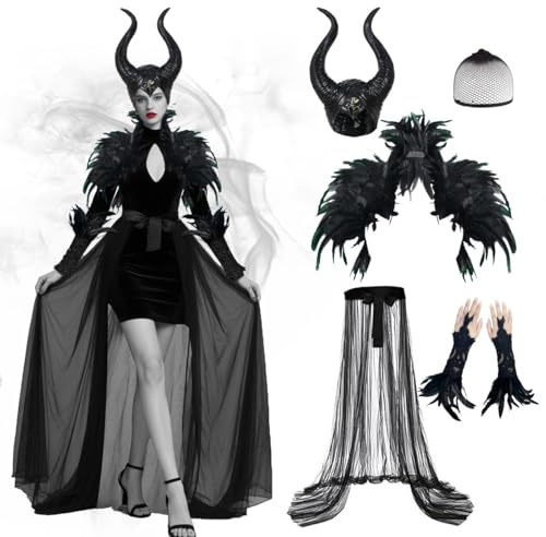 GTJEOI Costume Malefica Donna, Vestito Malefica Donna con Mantello di Piume, Polsini Piuma Nero, Corna Malefic-a, Retina per Capelli, Costume Diavolo Donn-a per Halloween Carnevale Cosplay
