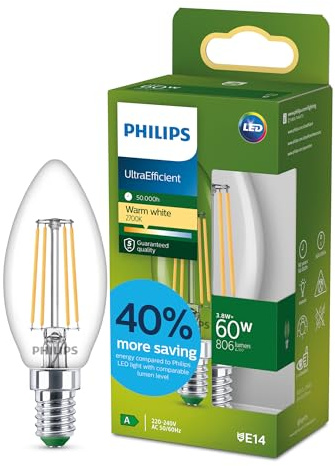 Philips LED UltraEfficient klar B35 ljuskälla, E14 sockel, energiklass A, 806 lm, 60W ekvivalent, varmvit (2700K), EyeComfort, 50 000 timmar, 1 förpackning