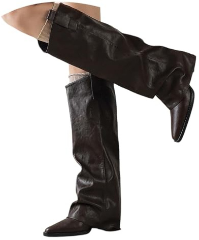 Générique Bottes 2025 en daim mi-mollet pour femme - Boucle tendance - Bout pointu - Bottines hautes au genou - Bottes chaudes avec talon hauts pour l'hiver - Chaussures de cowboy confortables