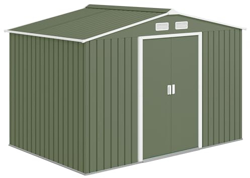 Outsunny Casetta da Giardino 4.9 m² con Fondazione, 4 Prese d'Aria e 2 Porte Scorrevoli, Capanno Porta Attrezzi in Lamiera d'Acciaio, 277x195x192 cm, Verde