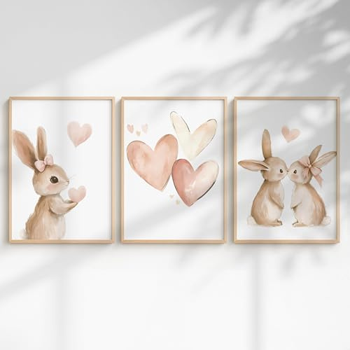 Generisch 3-delad plakatuppsättning för flickor, barnrum, väggbilder med enhörning, prinsessa, djur och regnbåge, kärleksfull dekoration för flickrum (haren och hjärtan, DIN A4)