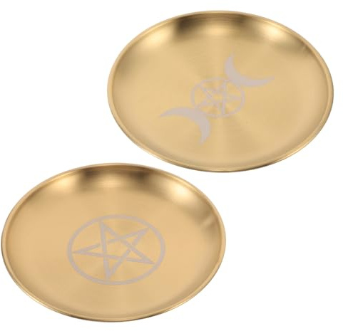 DEARMAMY Lot de 2 Plateaux d'Autel Pentagramme en Acier Inoxydable Plateaux Décoratifs Spirituels Multifonctions pour Bijoux et Bougies Rituelles Assiettes Rondes de Purification pour