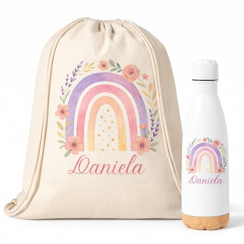 Gifters | Pack Mochila de Cuerdas y Botella Personalizadas Arcoíris | Bolsa Infantil con Nombre 34 × 42 cm + Cantimplora Acero Inox 750 ml | Guardería, Colegio y Excursiones