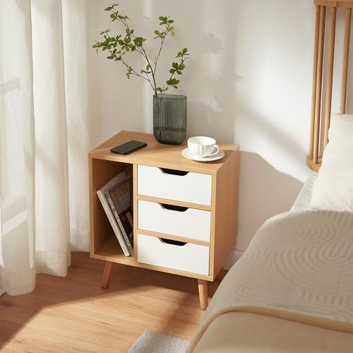[en.casa] Mesita de Noche Bordkak con 3 Cajones 1 Compartimento Abierto Mesa de Sofá Mesa Auxiliar Multifuncional Diseño Moderno Aglomerado Patas de Madera 55 x 48 x 30 cm - Roble/Blanco