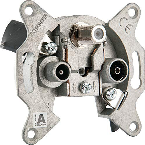 Schwaiger GmbH -Antennendose/Einzelleitungsdose (2,5 dB)/ 3-Loch Stichleitungsdose/F-Buchse, IEC-Stecker, IEC-Buchse/Unterputz/Aluminium Druckguss/Silber, DSE650531