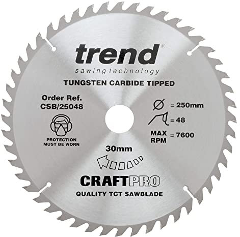 Trend Wood Circular Saw Blade, 250mm Diameter, 30mm Bore, 48 Teeth, 2.8mm Kerf, +15° Hook, TCT, Medium Finish, CSB/25048