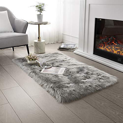 SERISSA Ultra Soft Faux Fur Area Rug Grey Fluffy Rug Plush Chair Cover Seat Pad Fuzzy Carpet Furry Besides Rug for Bedroom Floor Sofa Living Room 2x4 Feet (Rectangular, Light Grey)