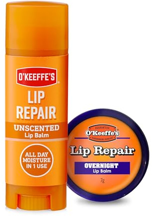 O'Keeffe's Lip Repair Lip Balm Unscented 4.2g & Lip Repair Overnight 7g (Twin Pack)