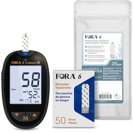 FORA 6 Connect Blutzuckermessgerät Set (mg/dl) – inkl. 50 Stück Blutzucker-Teststreifen & 25 Stück 3-in-1 Teststreifen (Glukose, Hämatokrit, Hämoglobin, einzeln verpackt)
