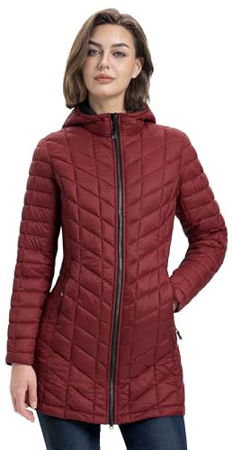 33,000ft Women's Winter Jacket Lightweight Long Quilted Jacket Water Resistant Transitional Down Jacket with Hood Perfect For Cold & Wet Weather Burgundy L