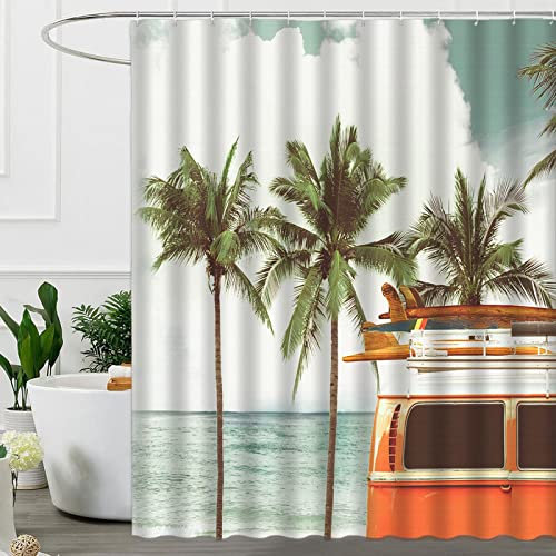 Tour-Bus-Duschvorhang, Surfbrett, tropische Palme, Retro, Wohnmobil, Orange, Camping, Auto, Sommer, Strand, Küste, Surfen, Urlaub, hawaiianisch, exotisch, Badezimmer-Dekoration mit Haken, 178x180 cm