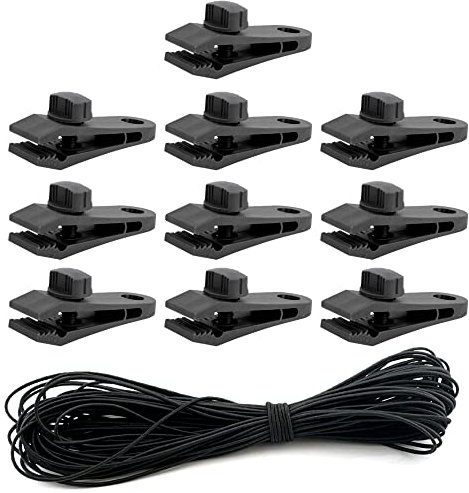 Tarpaulin Clips and Bungee Cord, Heavy Duty Tarp Clips Crocodile Mouth Tent Clips Multipurpose with Tighten Lock Grip Thumb Screw and 10 m / 32 ft Elastic Rope (Pack of 10 Clips)