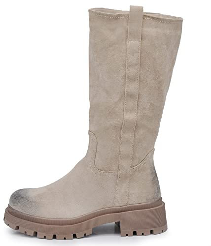 IF FASHION Stivali Stivaletti al Polpaccio Biker Scamosciato Da Donna Platform 6632 Beige N.41