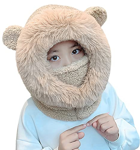 3 In 1 Kids Winter Hat Scarf Mask Set Boys Girls Faux Fur Balaclava Ski Hat Thermal Full Face Cover Cap Neck Warmer Hood Windproof Fleece Hat for Children Skiing Snowboard Cycling Outdoor Age 4-9