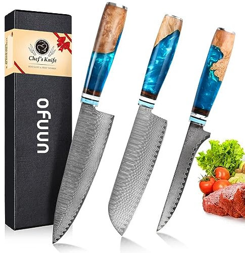 oFuun Juego de Cuchillos de Cocina Profesional, 3PCS Cuchillo Multiusos de Acero Damasco de 67 Capas - 19,3cm Cuchillo Chef, 17,4cm Cuchillo Santoku, 15CM Cuchillo Deshuesar