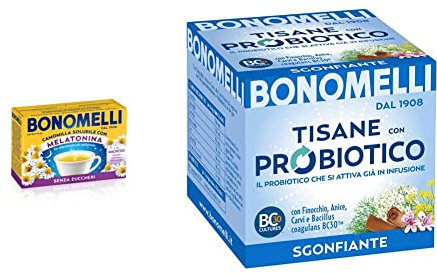 Bonomelli Camomilla Solubile con Melatonina e Magnesio 16 Bustine, Contro Stanchezza e Affaticamento & Tisana Probiotica Sgonfiante, Confezione da 10 Filtri