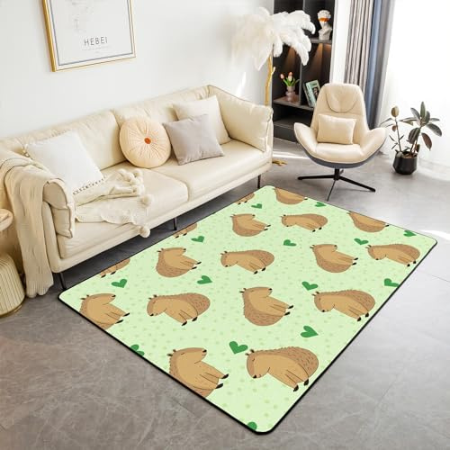 Kawaii Capybara Area Rug for Kids Capybara Lovers, Funny Capybara Rug, Cute Mouse Rodent Animals Carpet, Heart Pattern Dots Decorative Accent Rug, Natural Theme Green Washable Indoor Floor Mat, 3x5