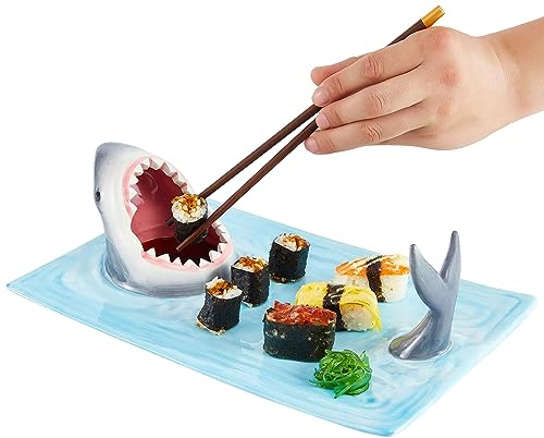 EXLIPO Shark Plates, Upgraded 3-in-1 Shark Sushi Plate, Shark Sushi Plate, Shark Plate with Sauce Compartment, Food Safe Material, Microwave/Oven/Refrigerator/Dishwasher Safe (rectangular)