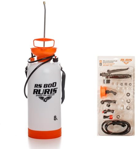 RURIS Pulvérisateur Manuel RS 800 + 4 Buses, kit Universel Complet : poignée, manomètre, Tuyau 1.2m, et Accessoires, Orange