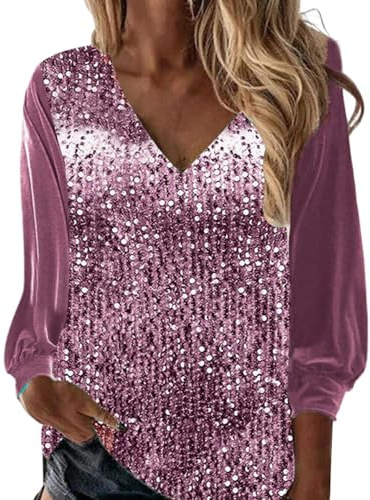 Tee Shirt Disco Femme Paillette T Shirt Glitter Sequins Haut Sexy Col V Chemisier Mode Brillantes Paillettes Tops Chic Élégant Club Fête T-Shirt Manche Longue Lâche Blouse