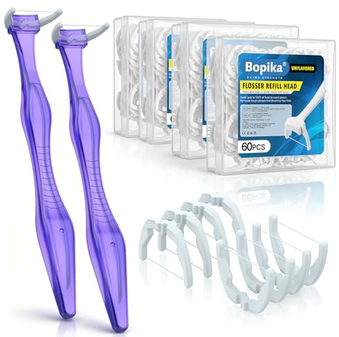 Bopika Filo interdentale, filo interdentale extra resistente, con 2 manici riutilizzabili e 240 testine di ricarica a scatto, kit completo di filo interdentale per parentesi graffe e pulizia profonda