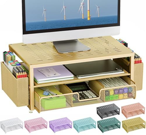 gianotter Skrivbordsarrangörer och tillbehör, monitorstativ med låda och 2 pennhållare, skrivbordsorganisatör lämplig för kontor och sovsalar (guld)