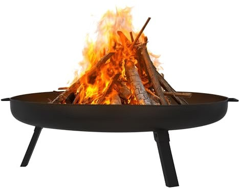 ECD Germany Ciotola da Fuoco Ø80 x 29 cm in Acciaio Nero con 3 Piedi Pieghevoli Pozzo di Fuoco per il Giardino Cesto da Fuoco Rotondo con Telaio a Treppie con 2 Fori di Drenaggio Barile da Fuoco