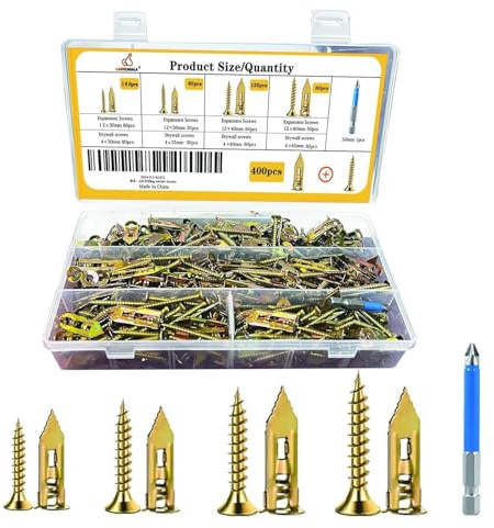 400pcs Self-Drywall Dilling Anchors Screws, Self Drilling Anchor Screws with 4 Different Expansion Sizes Screw Set, Zinc Plated Steel Dry Wall Screws no Drilling Required, Easy to Install