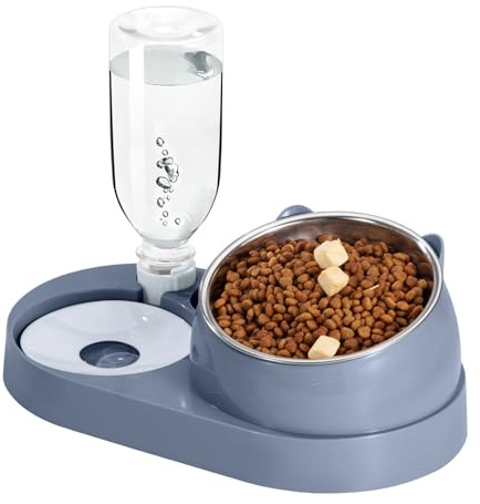 Cuenco para Gatos Elevado Comedero para Gatos con Botella de Agua automática Antideslizante, comedero para Gatos, Juego 2 en 1 para Perros y Gatos pequeños y medianos (Azul, Grande)