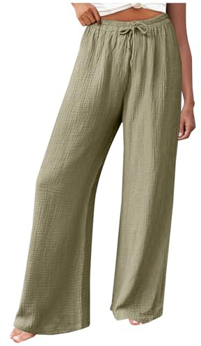 Musselin Damen Hose Elegant Leicht Casual Jogginghose Lange Locker Sommerhose Weites Bein Hosen Einfarbig Leinenhose Bequeme Stoffhose Hohe Taille Strandhose mit Taschen Freizeithose
