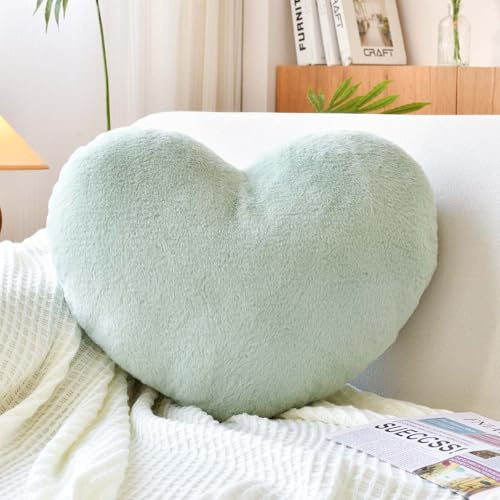 XVTRU Sage Green Heart Pillows, Cute Heart Decorative Pillow, Heart Shaped Throw Pillows for Bed, Faux Rabbit Fur Plush Hoom Decor Pillow Cushion for Chair Sofa Living Room (Medium-15.7x11.8)