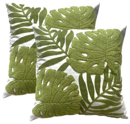 TAOSON Tropical Green Leave Embroidered Throw Pillow Covers,18x18,Set of 2 | Cotton Blend Canvas Cushion Cases for Sofa Couch Bed Living Room Decor,Valentine's Day Gift Square Farmhouse Floral 18x18