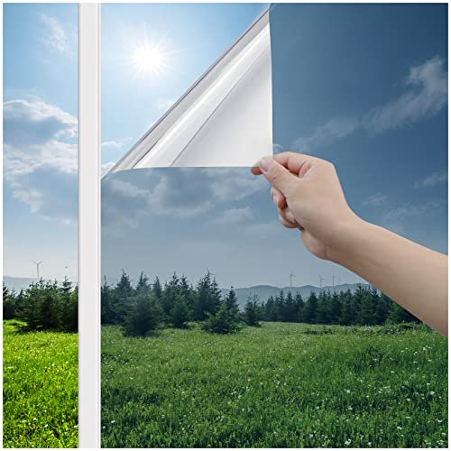 Haton One Way Clear Window Film Privacy for Glass Windows, Heat Reflective Mirror Tint Film Anti Glare and UV, Static Cling Sticker See Out Not In for Home Office, Silver 44.5x200cm