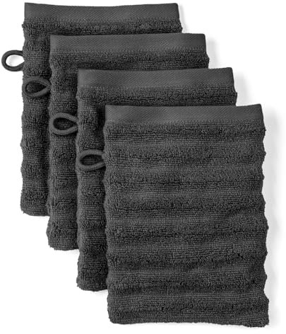 Pure Label Waschlappen - 4er-Pack 16x21cm aus 100% Baumwolle - saugstark, schnelltrockend & weich - Waschhandschuh mit Anhängeschlaufe - Oeko-TEX Zertifiziert - Schwarz