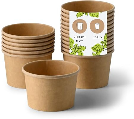 BIOZOYG Taza de Sopa 250 pieza 200 ml / 8 oz, Ø 90 mm, marrón - Taza grande, vasos carton - Vasos y platos desechables - Poke bowl, ramen bowl, vasitos aperitivos, cuenco sopa
