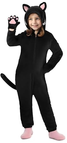 Disfraz de Halloween de animales para niños y adultos, mono de leopardo negro, disfraz de gato para mujer, hombre, niño, niña, carnaval, unisex, mono de franela (gato, 120)