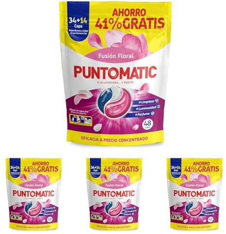 PUNTOMATIC | Cápsulas Tricámara Floral | Detergente Lavadora para Ropa Blanca y de Color | Quitamanchas | 34+14 (48) lavados (Paquete de 4)