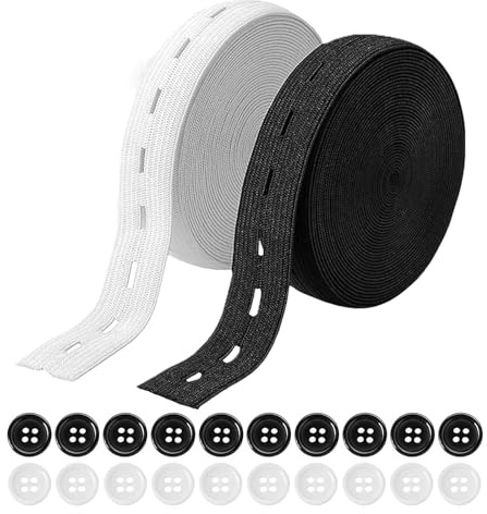 2 Rollos de Banda Elástica con Ojal de 2 cm × 5 m para Costura, Cinta Elástica con Ojales para Extensión de Cintura, Goma Elástica Plana Ajustable con Botones para Pantalones y Faldas