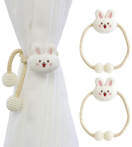 XENQITO 2 Pcs Embrasse pour Rideaux, Créatif Lapin Attache Rideau Corde Élastique, Embrasse Rideau avec Lapin, Mignon Embrasses à Rideaux Paques, Attache Rideaux pour La Maison, Le Bureau Décoration