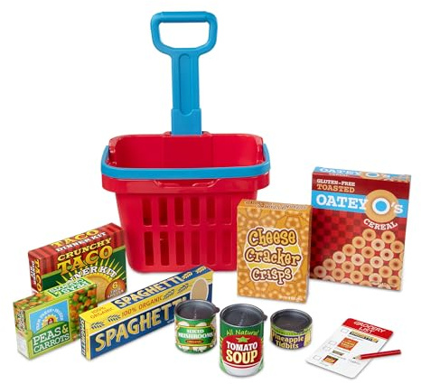 Melissa & Doug Carrellino della Spesa con Cibo Finto, Carrello Giocattolo con Ruote e Manico, Set Supermercato per Bambini con Lista Spesa, Gioco di Ruolo e Imitazione, 11 Pezzi, 3+ Anni
