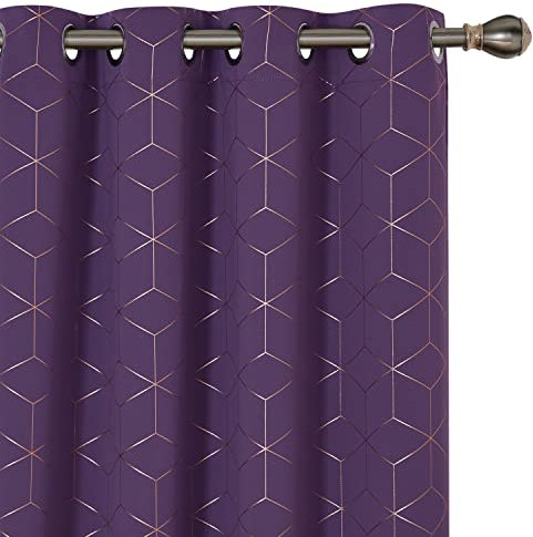 Deconovo Noise Reduction Eyelet Blackout Curtains, Gold Diamond Printed Thermal Insulated Curtains for Bedroom, 46 x 90 Inch(Width x Length), Purple Grape, One Pair