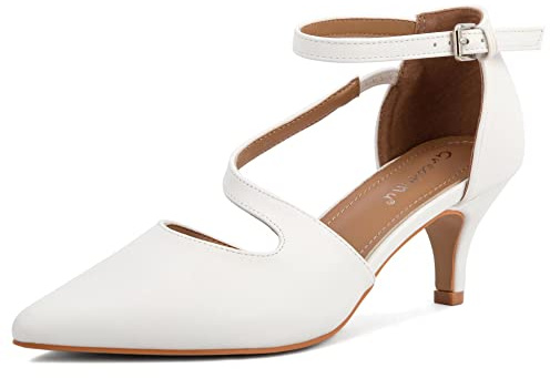 Greatonu Femmes Chaton Talons Chaussures De Mariage Dames Cheville Sangle Boucle Croix Pointu Toe Sandale Taille EU 38 Blanc