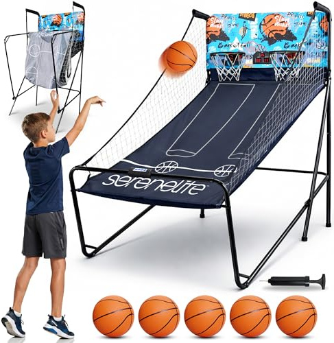 SereneLife Jeu de Basket Arcade Intérieur Pliable – Double Panier avec Tableau de Score Électronique, Minuteur, 8 Modes de Jeu, Jusqu’à 4 Joueurs, 5 Ballons et Pompe Inclus