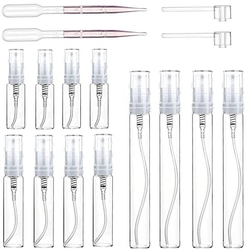 Uheltosly 12 Stück Sprühflasche klein, 3ml/5ml/10ml Mini-Feinnebel-Sprühflasche, Nachfüllbar Zerstäuber Sprayflasche leer, mit 2 Pcs Pipetten und 2 Pcs Presskopf für Unterwegs