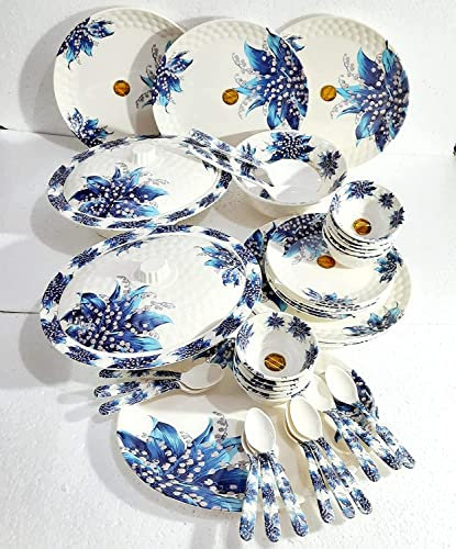 Service de table en mélamine blanc, bleu et multicolore 44 pièces