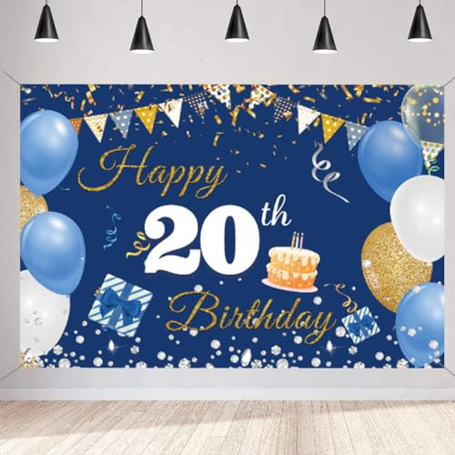 20. Geburtstag Deko Junge Mädchen, 19 Geburtstag Banner Blau Stoff Schild Plakat Hintergrund Banner Junge Geburtstagsfeier Deko