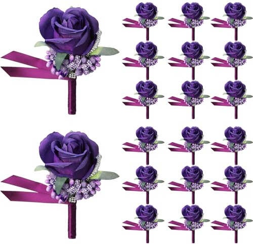 Geosar 20 Pcs Wedding Boutonniere for Men Purple Rose Boutonnieres with Pin Groom Groomsmen Buttonholes Man Suit Corsage for Vintage Wedding Ceremony Anniversary Dinner