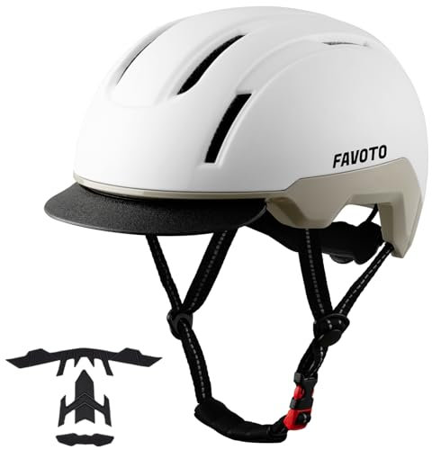 Favoto Fahrradhelm Urban mit Schirm Leicht - Double Inmould Technologie City Scooter Helm Erwachsene für Damen Herren L(57-61cm) Verstellbar Weiß Khaki