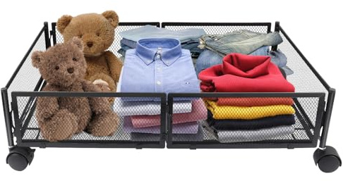 OHMG Rangement Sous Lit avec Roulette,Boîte de rangement sous Lit,Tiroir Commode sous Lit Pliable en Métal,Boîtes de Rangement sous Lit pour sous Canapé, sous Table (60 * 40 * 17cm-Noir)