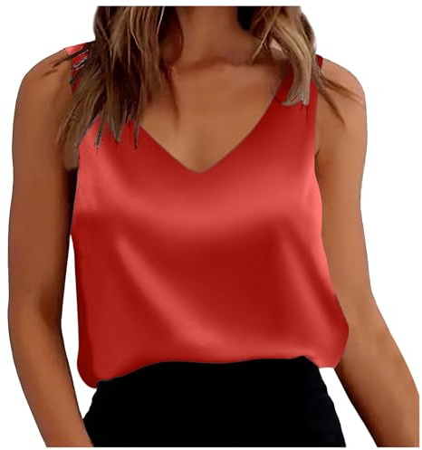 MODSGUE Top de tirantes de satén para mujer, elegante, con tirantes de espagueti, camiseta básica, sin mangas, con cuello redondo, blusa de satén, blusa holgada, top para vacaciones de verano